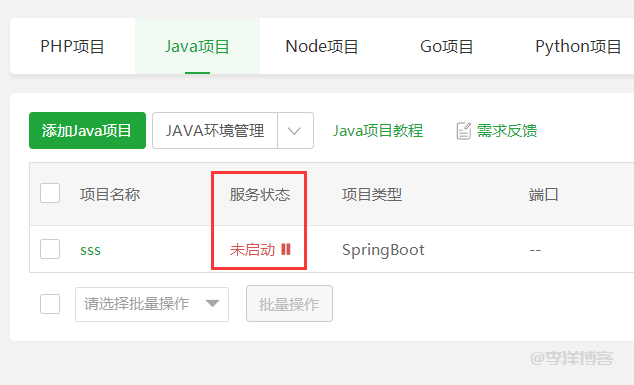 宝塔添加Java项目Spring_boot类型后一直显示未启动状态,怎么解决? 第1张 宝塔添加Java项目Spring_boot类型后一直显示未启动状态,怎么解决? 第1张